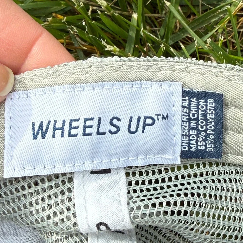 Wheels Up Trucker Hat Gray White Mesh Back American Flag Aviation Cap Adjustable